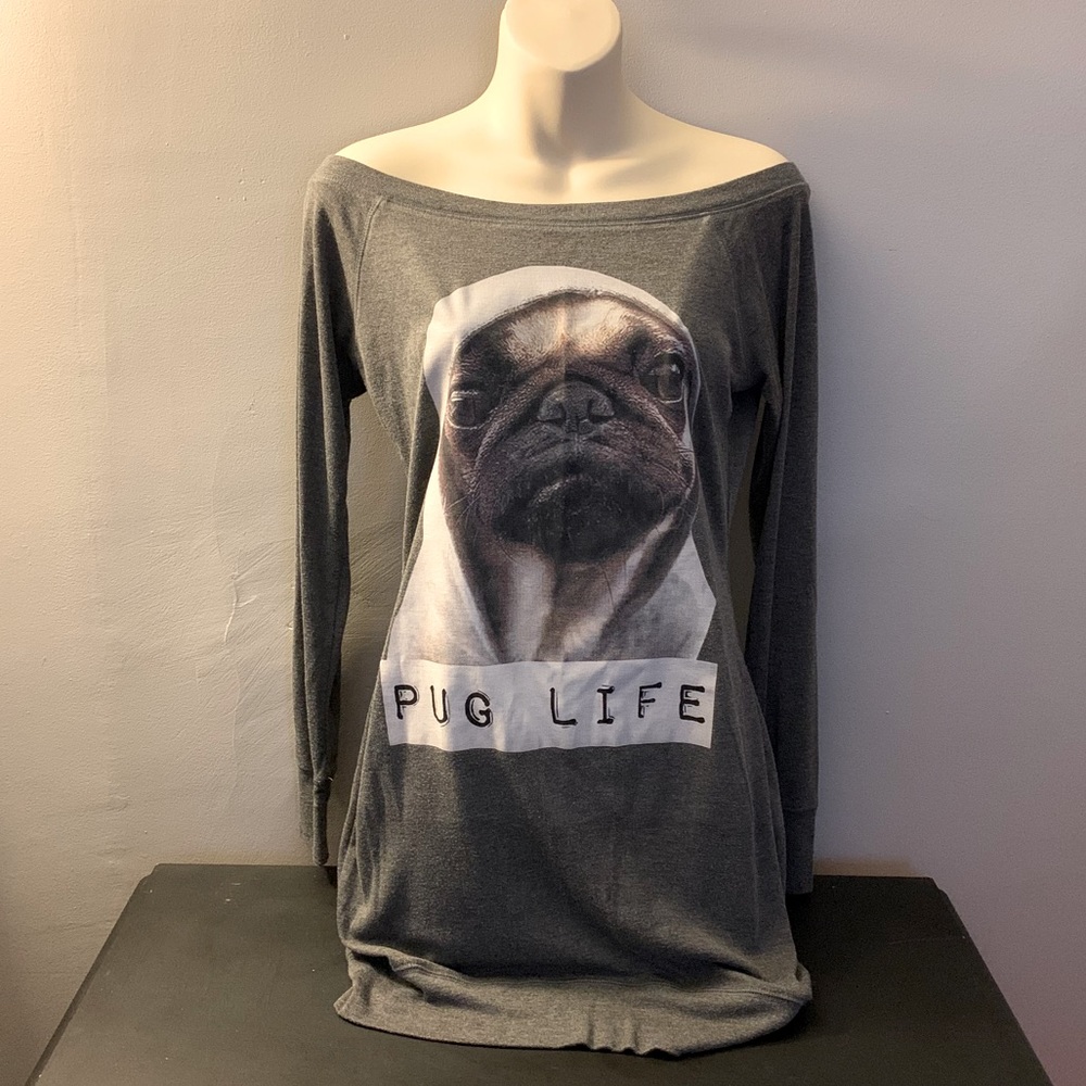 Pug Life gray tunic top boat neck shirt medium